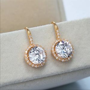 *NEW* Yellow Gold Drop Earrings Round Stone Zircon